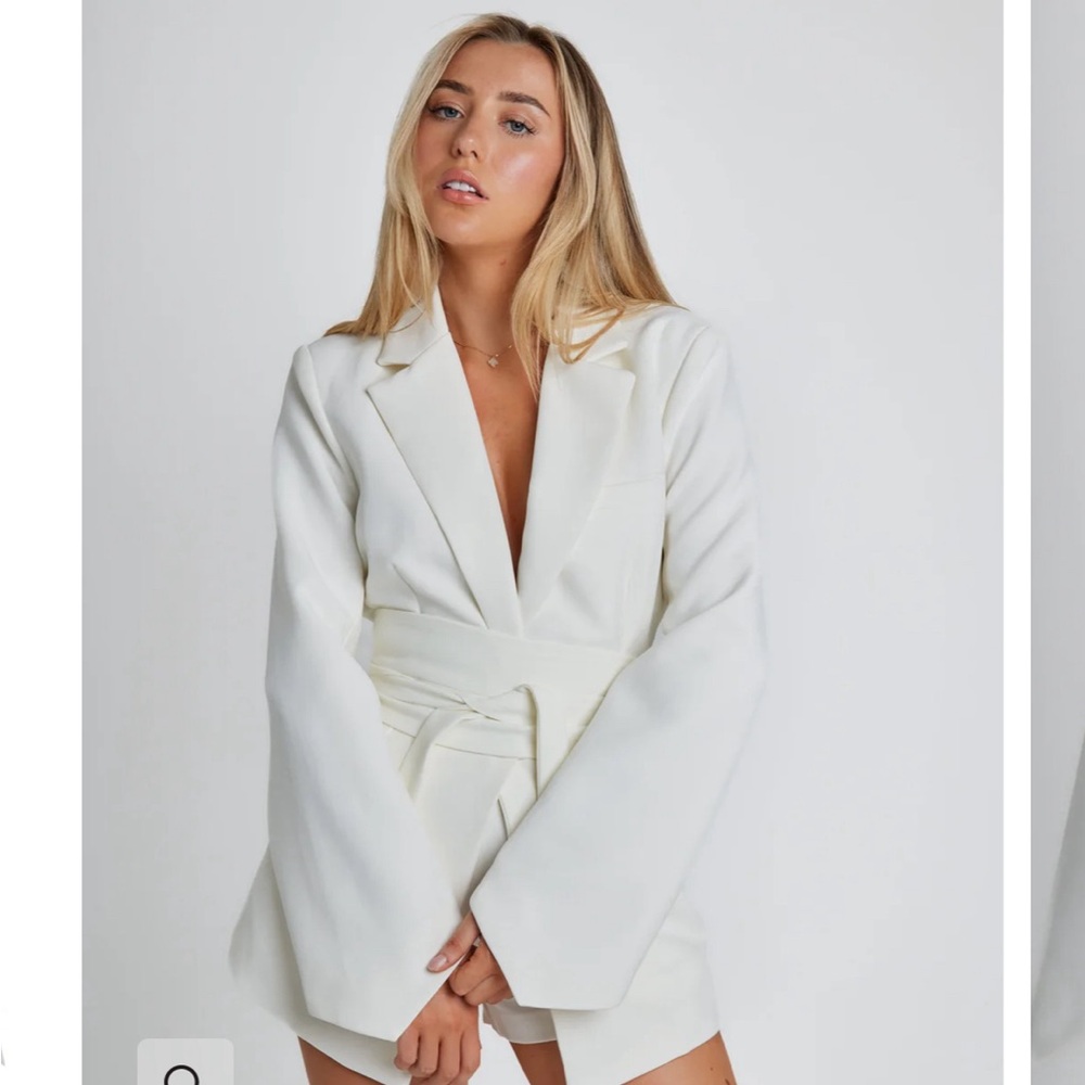 Tailored White Belted Blazer Romper - Women Pantsuit